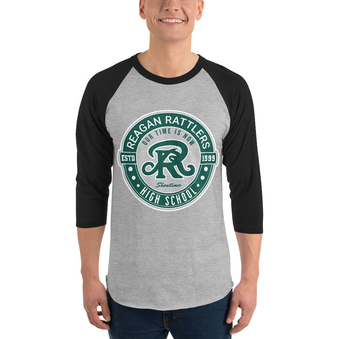 Man wearing Reagan High School Rattlers Unisex 3/4 sleeve Raglan T-shirt 224