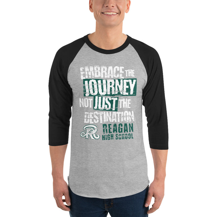 Man wearing Reagan High School Rattlers Unisex 3/4 sleeve Raglan T-shirt 232