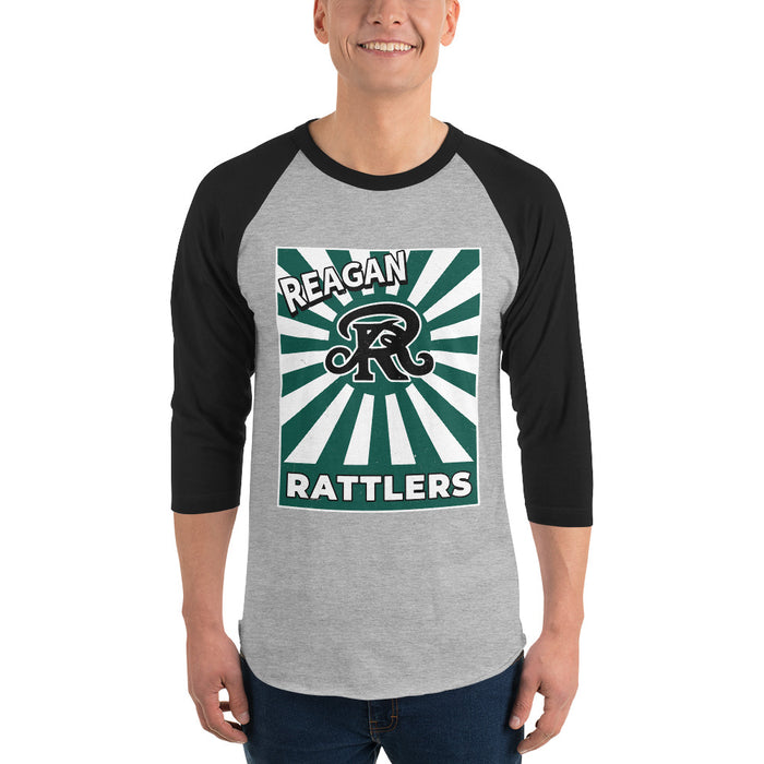 Man wearing Reagan High School Rattlers Unisex 3/4 sleeve Raglan T-shirt 226
