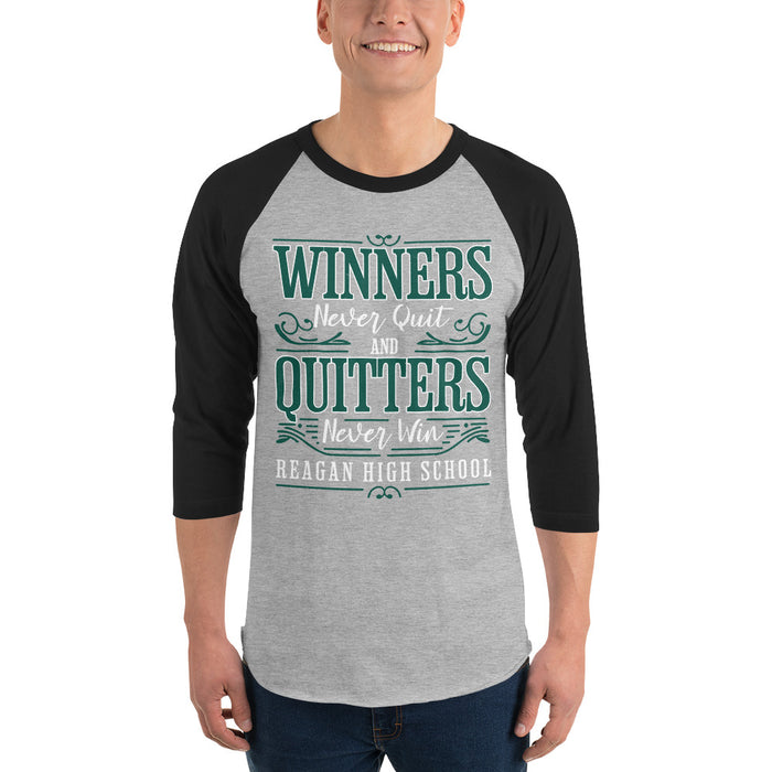 Man wearing Reagan High School Rattlers Unisex 3/4 sleeve Raglan T-shirt 237
