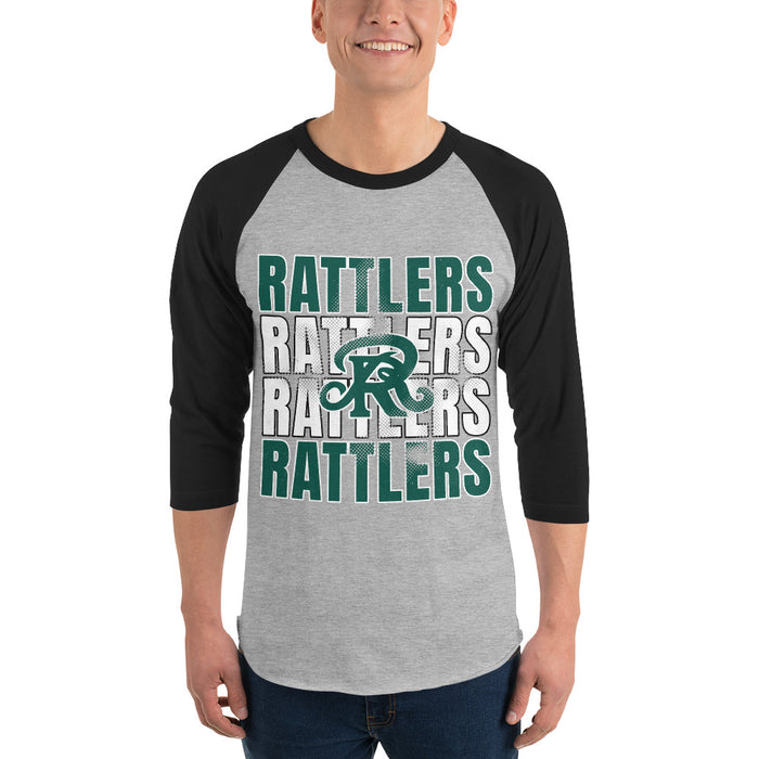 Man wearing Reagan High School Rattlers Unisex 3/4 sleeve Raglan T-shirt 233