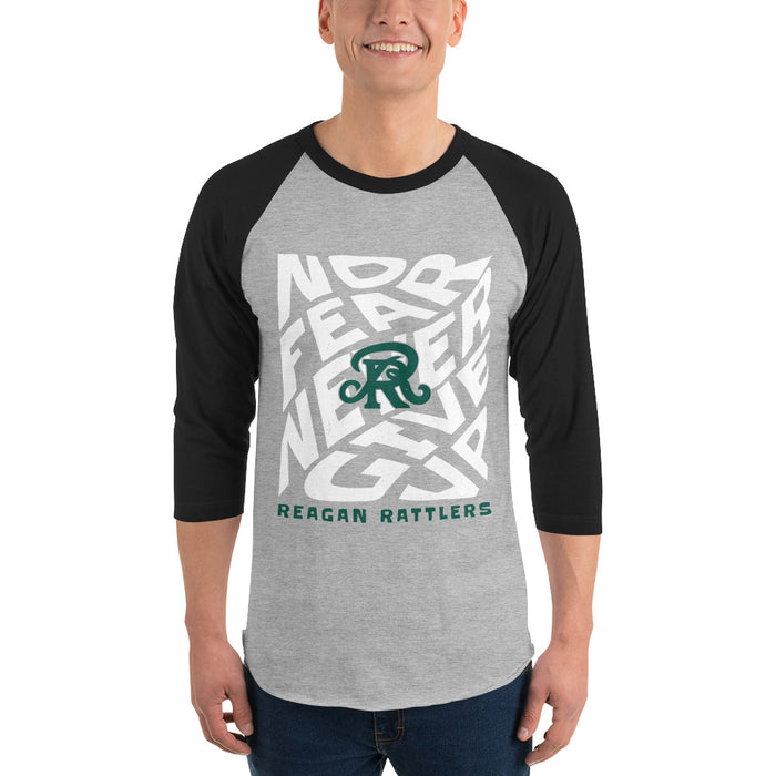Man wearing Reagan High School Rattlers Unisex 3/4 sleeve Raglan T-shirt 236