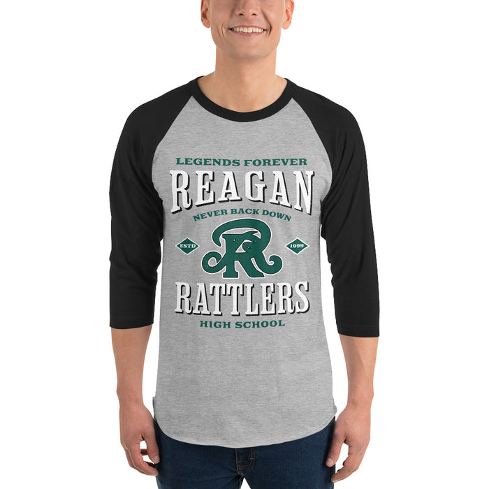 Man wearing Reagan High School Rattlers Unisex 3/4 sleeve Raglan T-shirt 230