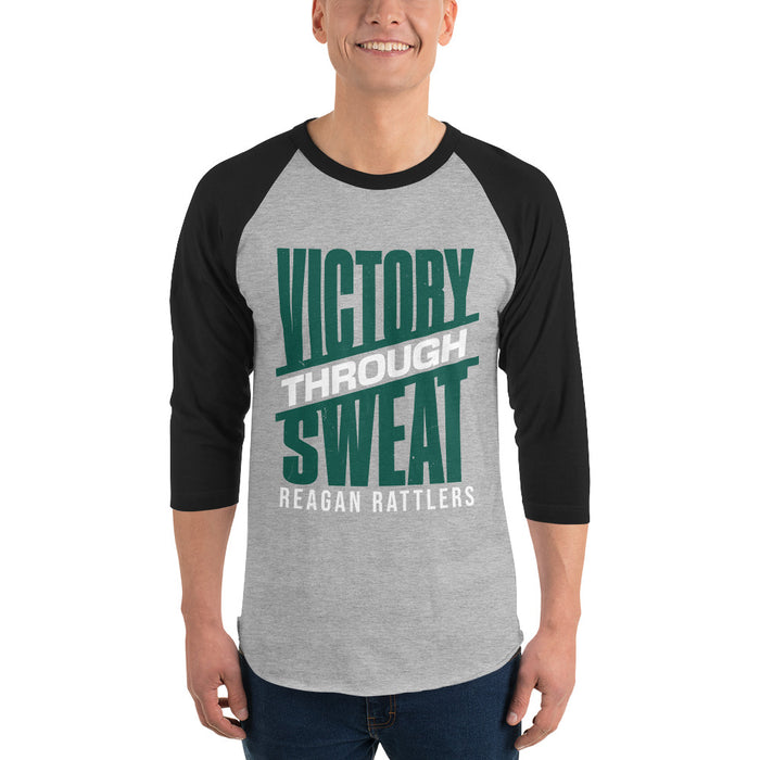 Man wearing Reagan High School Rattlers Unisex 3/4 sleeve Raglan T-shirt 241