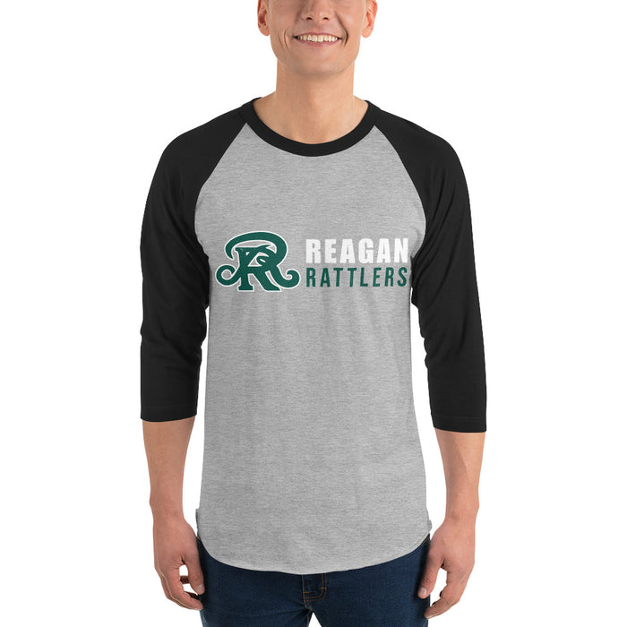 Man wearing Reagan High School Rattlers Unisex 3/4 sleeve Raglan T-shirt 200