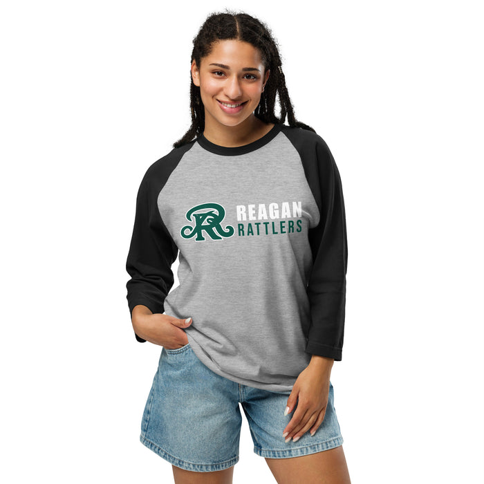 Womanw earing Reagan High School Rattlers Unisex 3/4 sleeve Raglan T-shirt 200