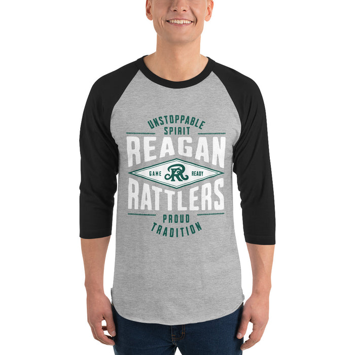 Man wearing Reagan High School Rattlers Unisex 3/4 sleeve Raglan T-shirt 210