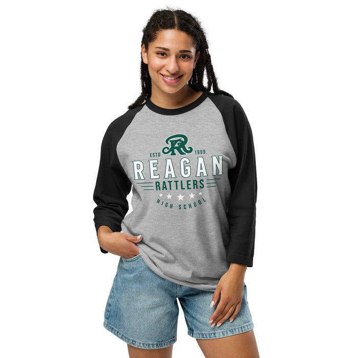 Woman wearing Reagan High School Rattlers Unisex 3/4 sleeve Raglan T-shirt 217