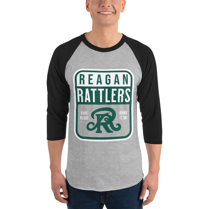 Man wearing Reagan High School Rattlers Unisex 3/4 sleeve Raglan T-shirt 001