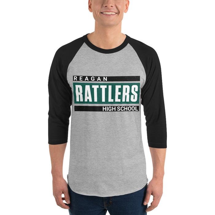 Man wearing Reagan High School Rattlers Unisex 3/4 sleeve Raglan T-shirt 098