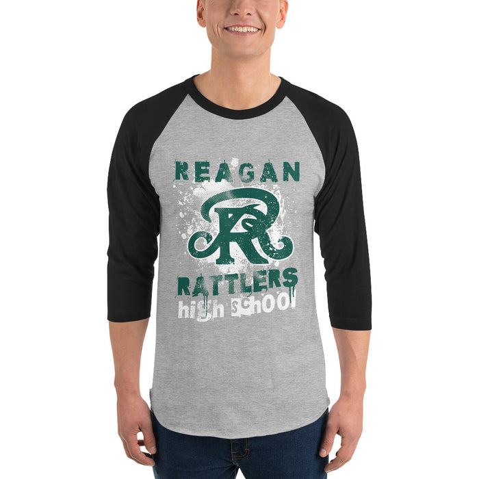 Man wearing Reagan High School Rattlers Unisex 3/4 sleeve Raglan T-shirt 205