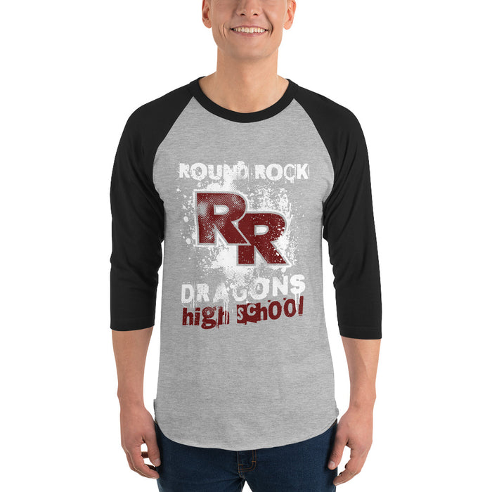 Man wearing Round Rock High School Dragons Unisex 3/4 sleeve Raglan T-shirt 205
