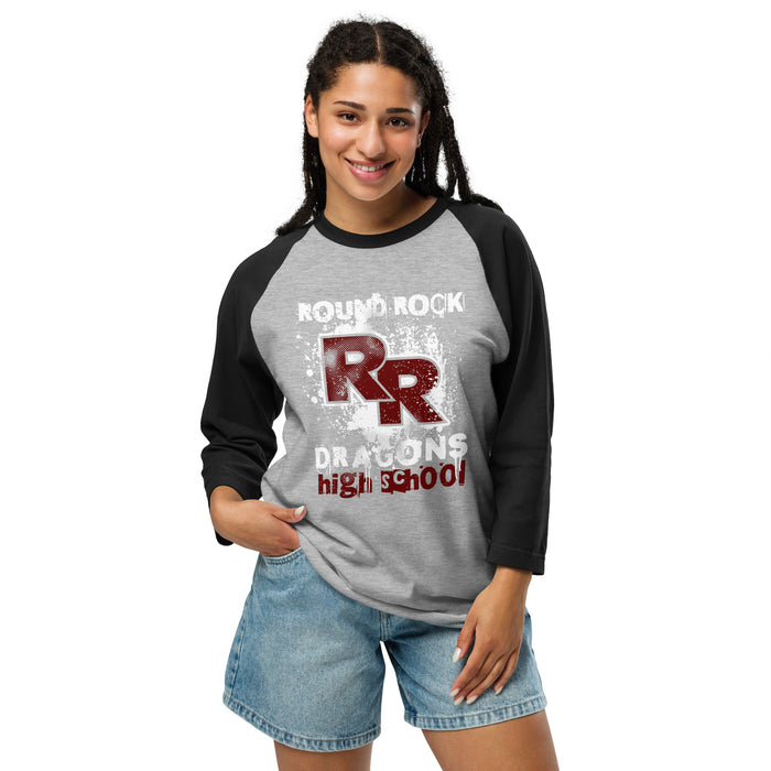 Woman wearing Round Rock High School Dragons Unisex 3/4 sleeve Raglan T-shirt 205