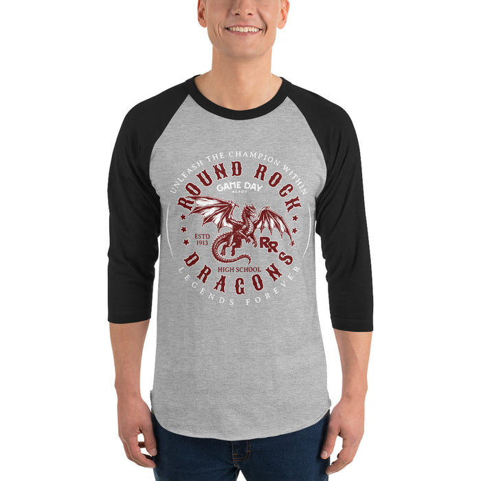 Man wearing Round Rock High School Dragons Unisex 3/4 sleeve Raglan T-shirt 214