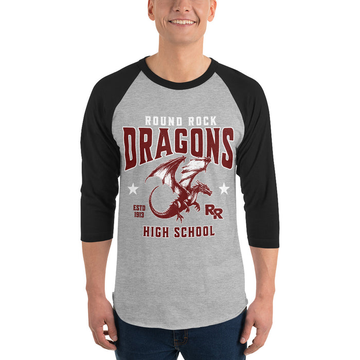 Man wearing Round Rock High School Dragons Unisex 3/4 sleeve Raglan T-shirt 213
