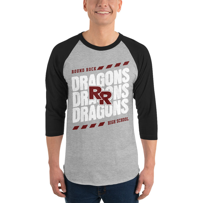 Man wearing Round Rock High School Dragons Unisex 3/4 sleeve Raglan T-shirt 223