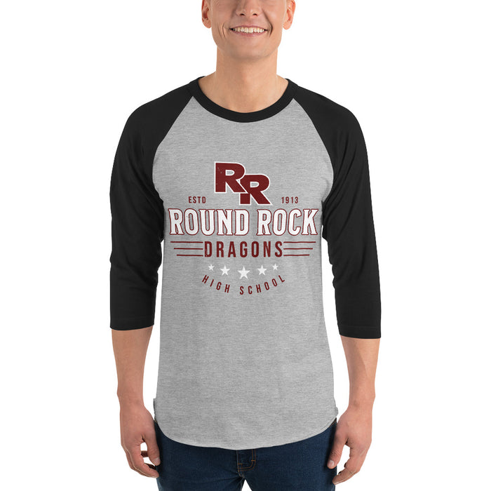 Man wearing Round Rock High School Dragons Unisex 3/4 sleeve Raglan T-shirt 217
