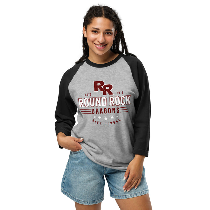 Woman wearing Round Rock High School Dragons Unisex 3/4 sleeve Raglan T-shirt 217