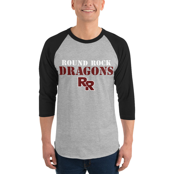 Man wearing Round Rock High School Dragons Unisex 3/4 sleeve Raglan T-shirt 017