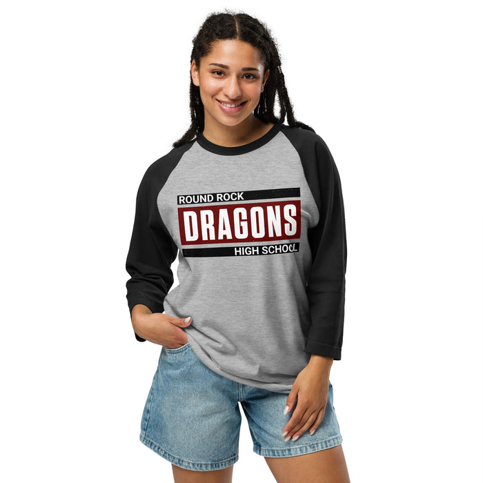 Woman wearing Round Rock High School Dragons Unisex 3/4 sleeve Raglan T-shirt 098