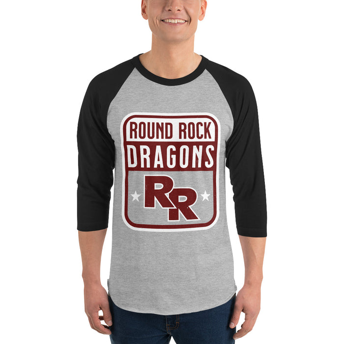 Man wearing Round Rock High School Dragons Unisex 3/4 sleeve Raglan T-shirt 001