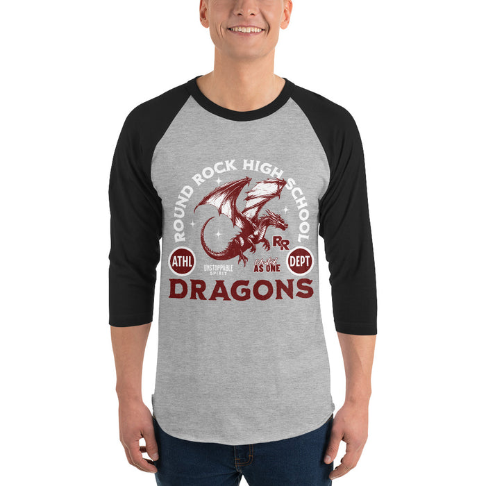 Man wearing Round Rock High School Dragons Unisex 3/4 sleeve Raglan T-shirt 208