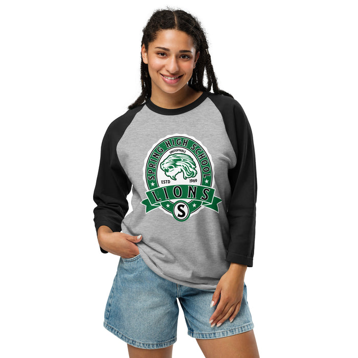 Woman wearing Spring High School Lions Unisex 3/4 Sleeve Raglan T-shirt 212A