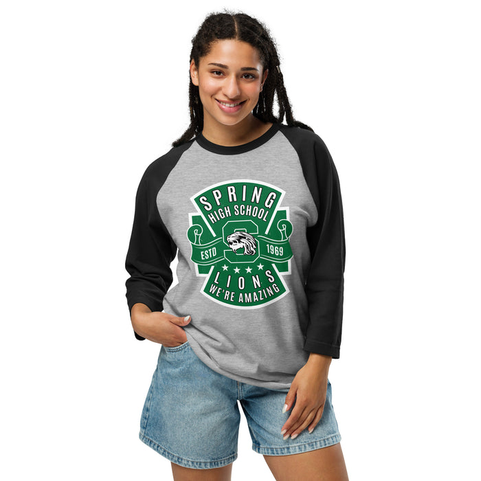 Woman wearing Spring High School Lions Unisex 3/4 Sleeve Raglan T-shirt 207A
