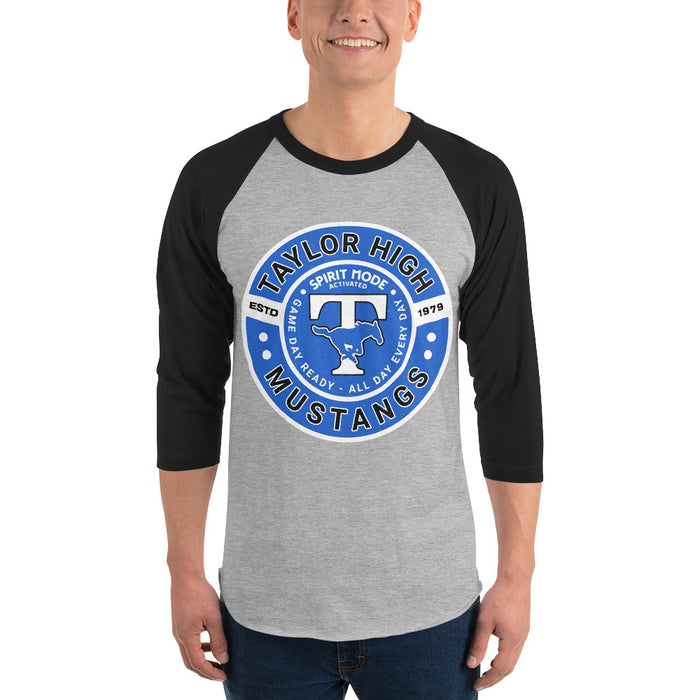 Man wearing Taylor High School Mustangs Unisex 3/4 sleeve Raglan T-shirt 239