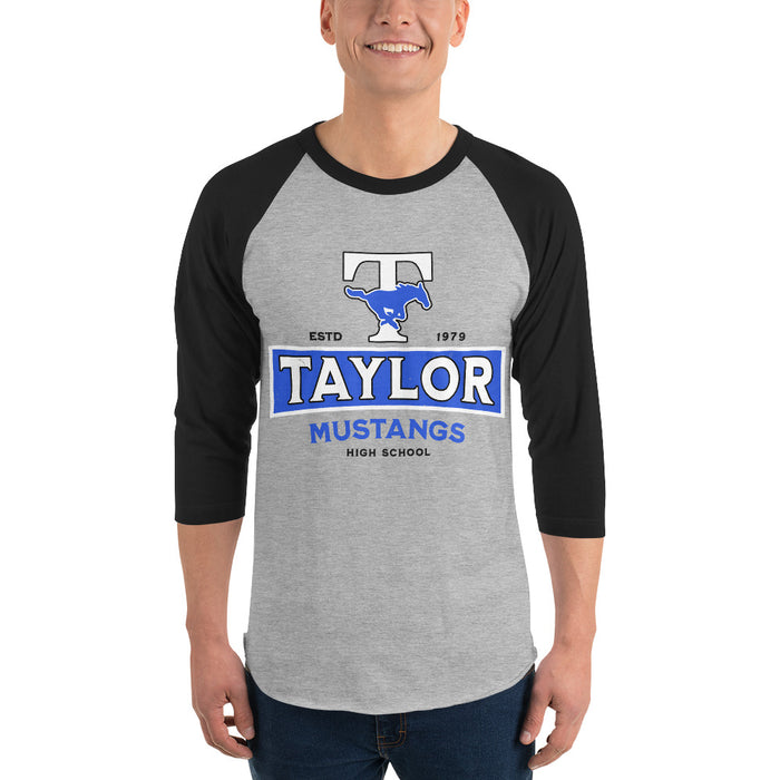 Man wearing Taylor High School Mustangs Unisex 3/4 sleeve Raglan T-shirt 202