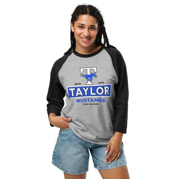 Woman wearing Taylor High School Mustangs Unisex 3/4 sleeve Raglan T-shirt 202