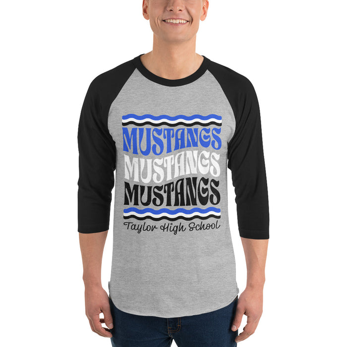 Man wearing Taylor High School Mustangs Unisex 3/4 sleeve Raglan T-shirt 227