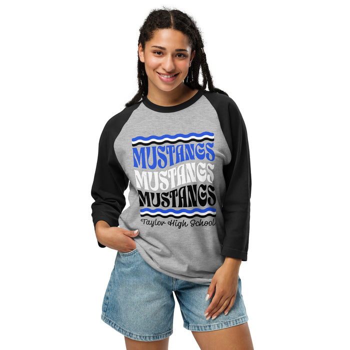 Woman wearing Taylor High School Mustangs Unisex 3/4 sleeve Raglan T-shirt 227