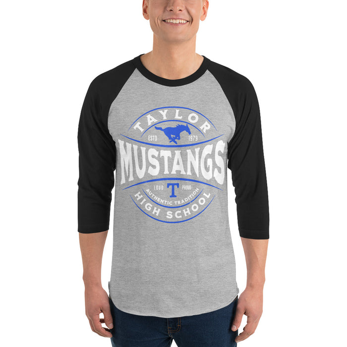 Man wearing Taylor High School Mustangs Unisex 3/4 sleeve Raglan T-shirt 218