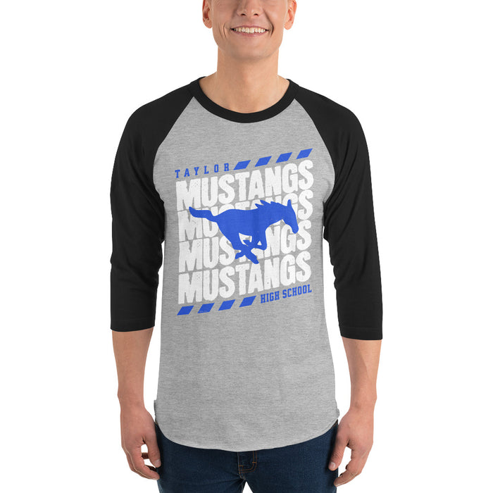 Man wearing Taylor High School Mustangs Unisex 3/4 sleeve Raglan T-shirt 223