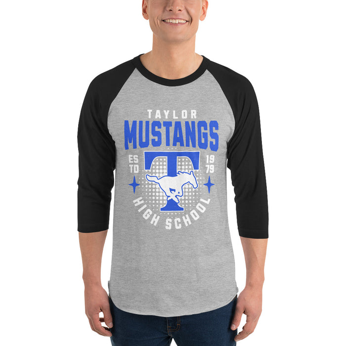 Man wearing Taylor High School Mustangs Unisex 3/4 sleeve Raglan T-shirt 204