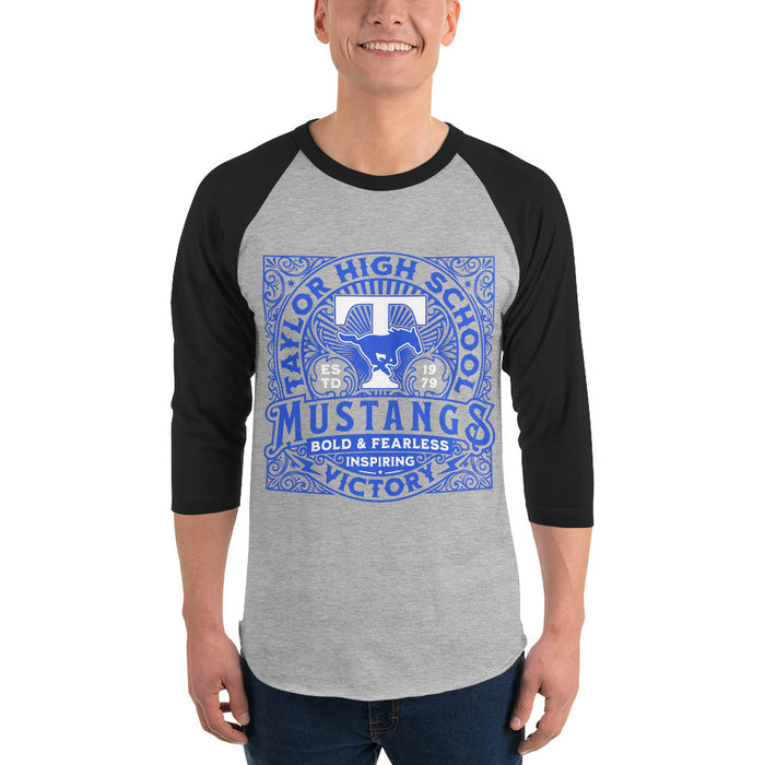 Man wearing Taylor High School Mustangs Unisex 3/4 sleeve Raglan T-shirt 206