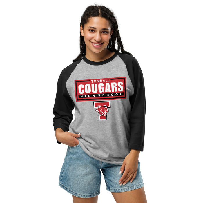 Woman wearing Tomball High School Cougars Unisex 3/4 sleeve Raglan T-shirt 049