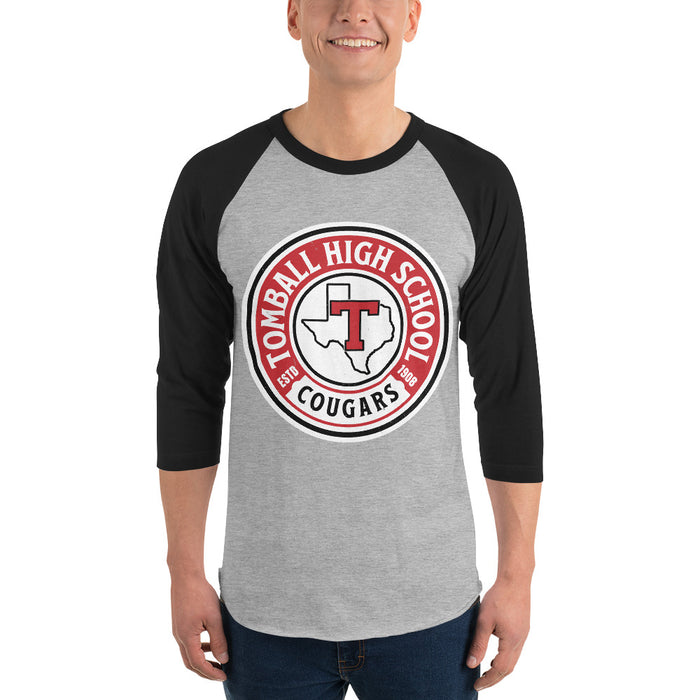 Man wearing Tomball High School Cougars Unisex 3/4 sleeve Raglan T-shirt 220