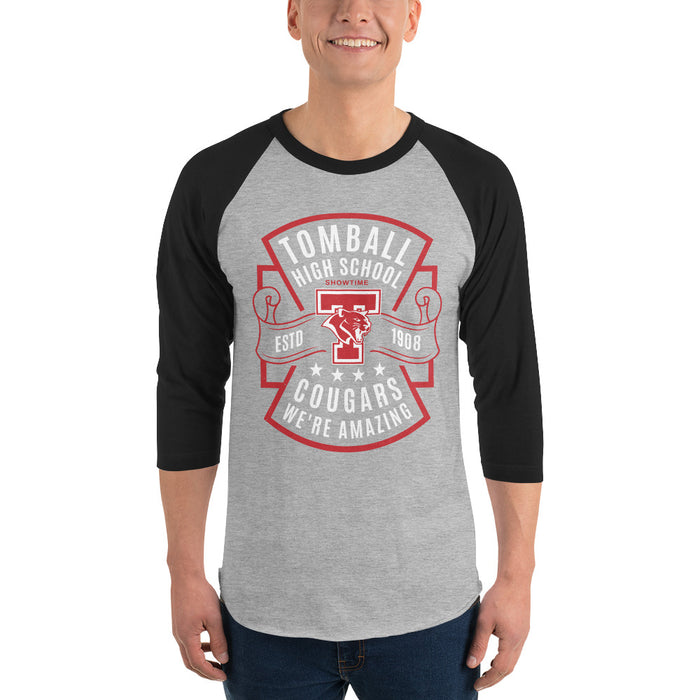 Man wearing Tomball High School Cougars Unisex 3/4 sleeve Raglan T-shirt 207