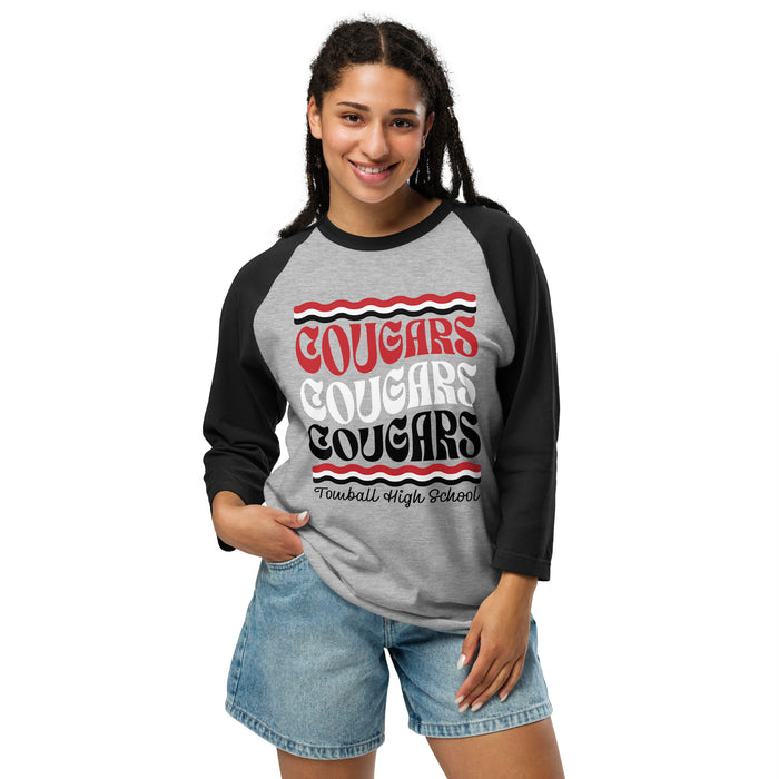 Woman wearing Tomball High School Cougars Unisex 3/4 sleeve Raglan T-shirt 227