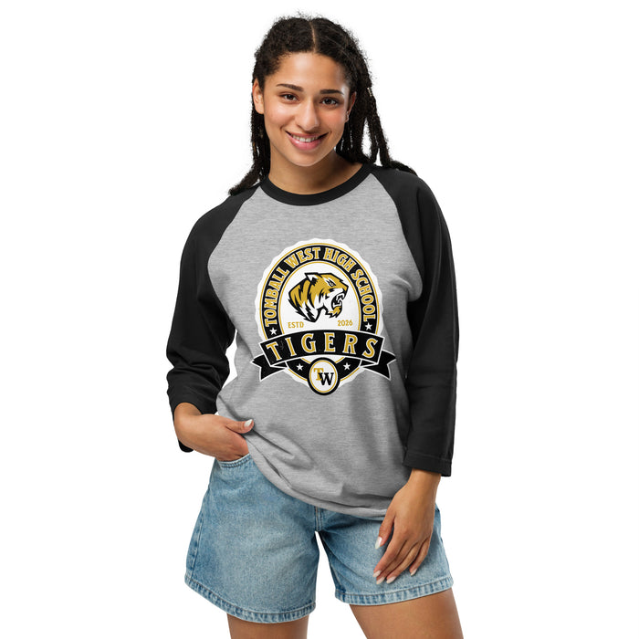 Woman wearing Tomball West High School Tigers Unisex 3/4 sleeve Raglan T-shirt 212