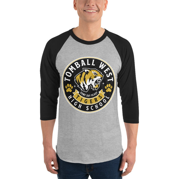 Man wearing Tomball West High School Tigers Unisex 3/4 sleeve Raglan T-shirt 215