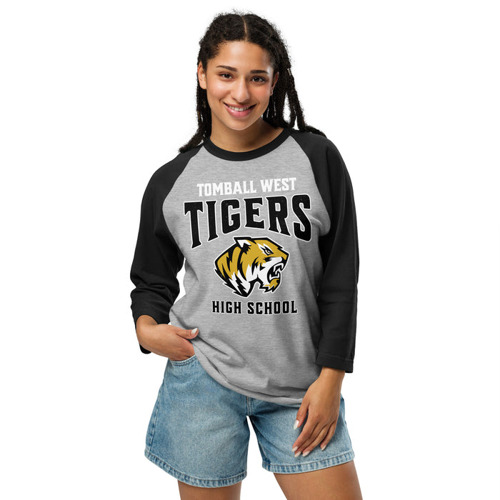 Young lady wearing Tomball West High School Tigers Unisex 3/4 sleeve Raglan T-shirt 213