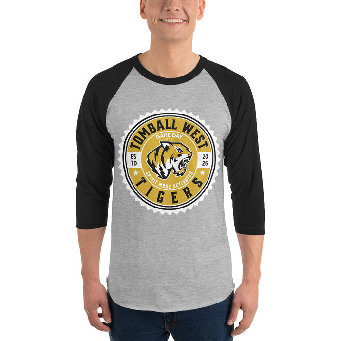 Man wearing Tomball West High School Tigers Unisex 3/4 sleeve Raglan T-shirt 203