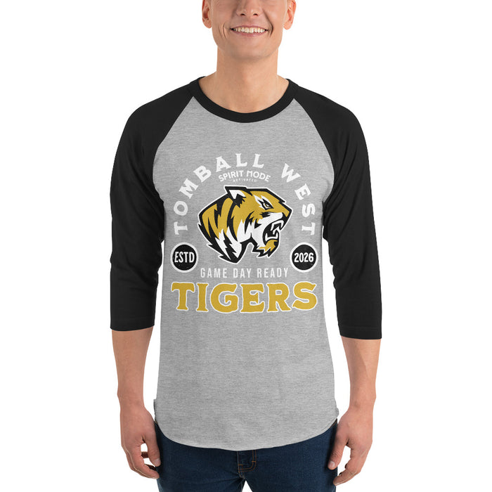 Man wearing Tomball West High School Tigers Unisex 3/4 sleeve Raglan T-shirt 208