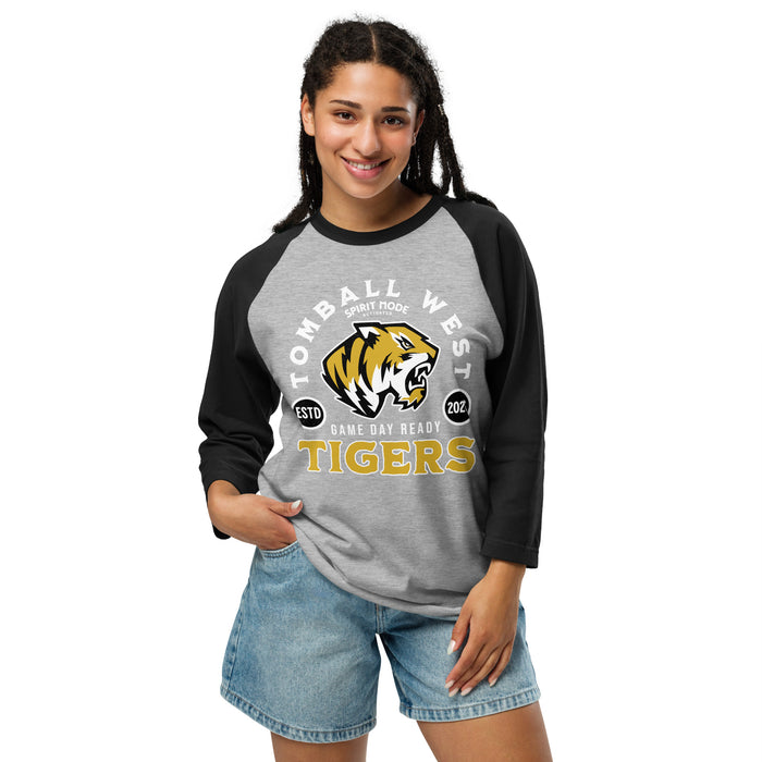Young lady wearing Tomball West High School Tigers Unisex 3/4 sleeve Raglan T-shirt 208