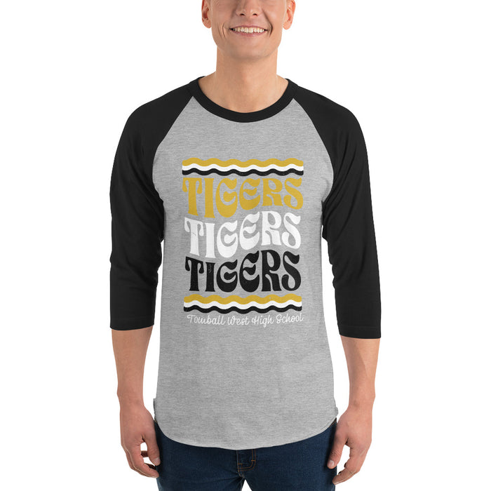 Male wearing Tomball West High School Tigers Unisex 3/4 sleeve Raglan T-shirt 227