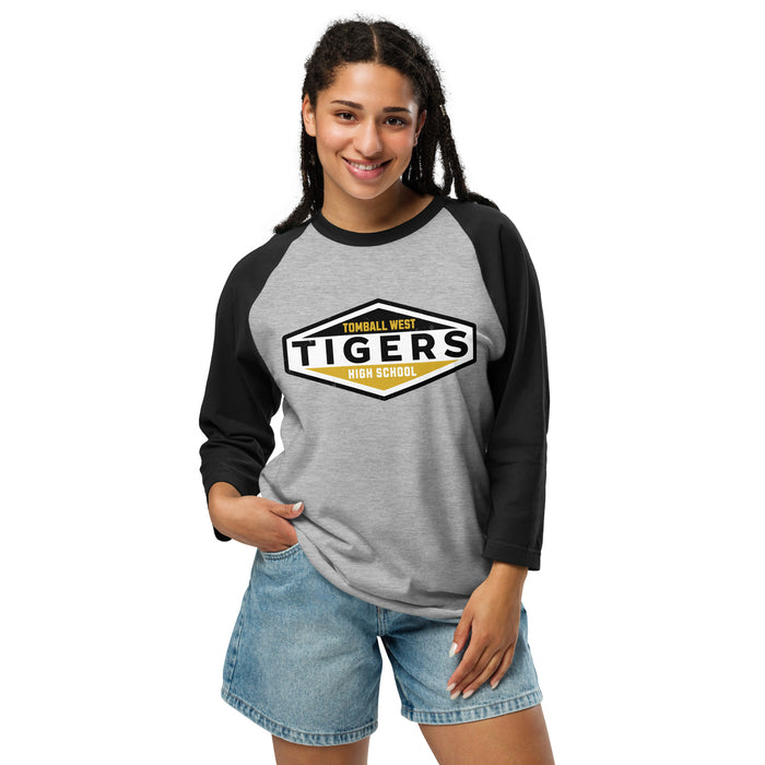 Woman wearing Tomball West High School Tigers Unisex 3/4 sleeve Raglan T-shirt 009
