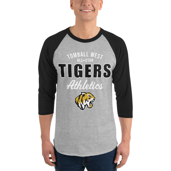 Man wearing Tomball West High School Tigers Unisex 3/4 sleeve Raglan T-shirt 034
